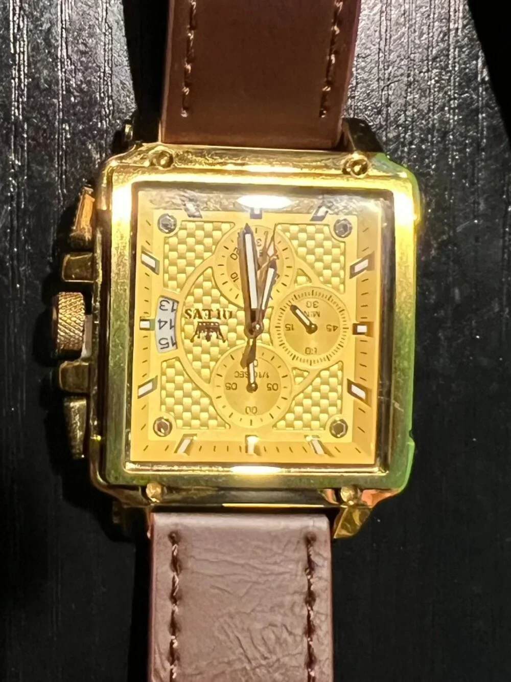 OLEVS Men's Gold Tone Square Chronograph Watch Brown Leather Band Date Display